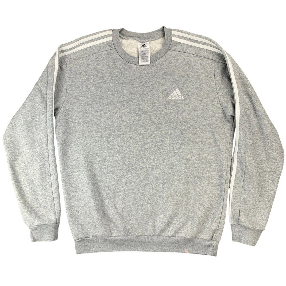 Adidas Men's Medium Gray Crewneck Pullover Sweatshirt 3‎ Stripes Logo Casual
